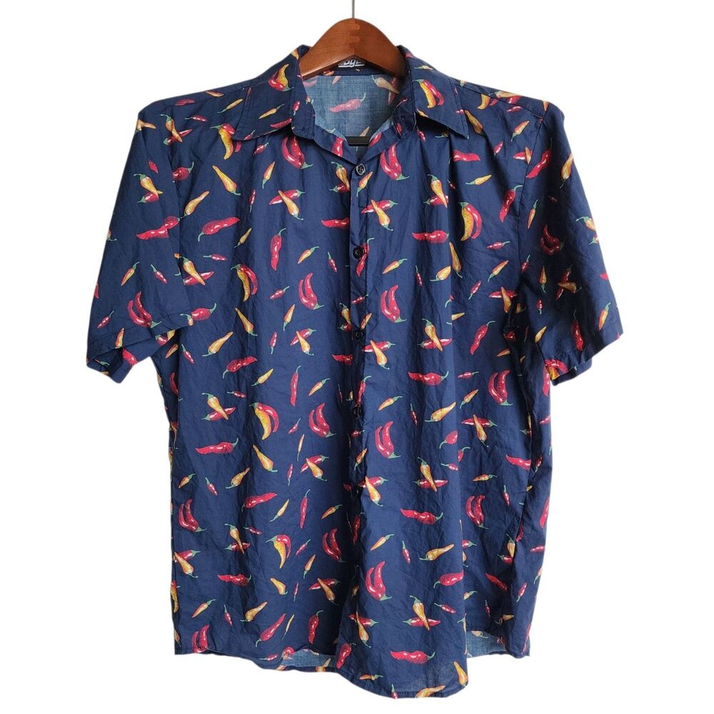 JOGAL Men's Large Hawaiian Shirt Chili Pepper Print Navy Blue 100% Cotton Casual